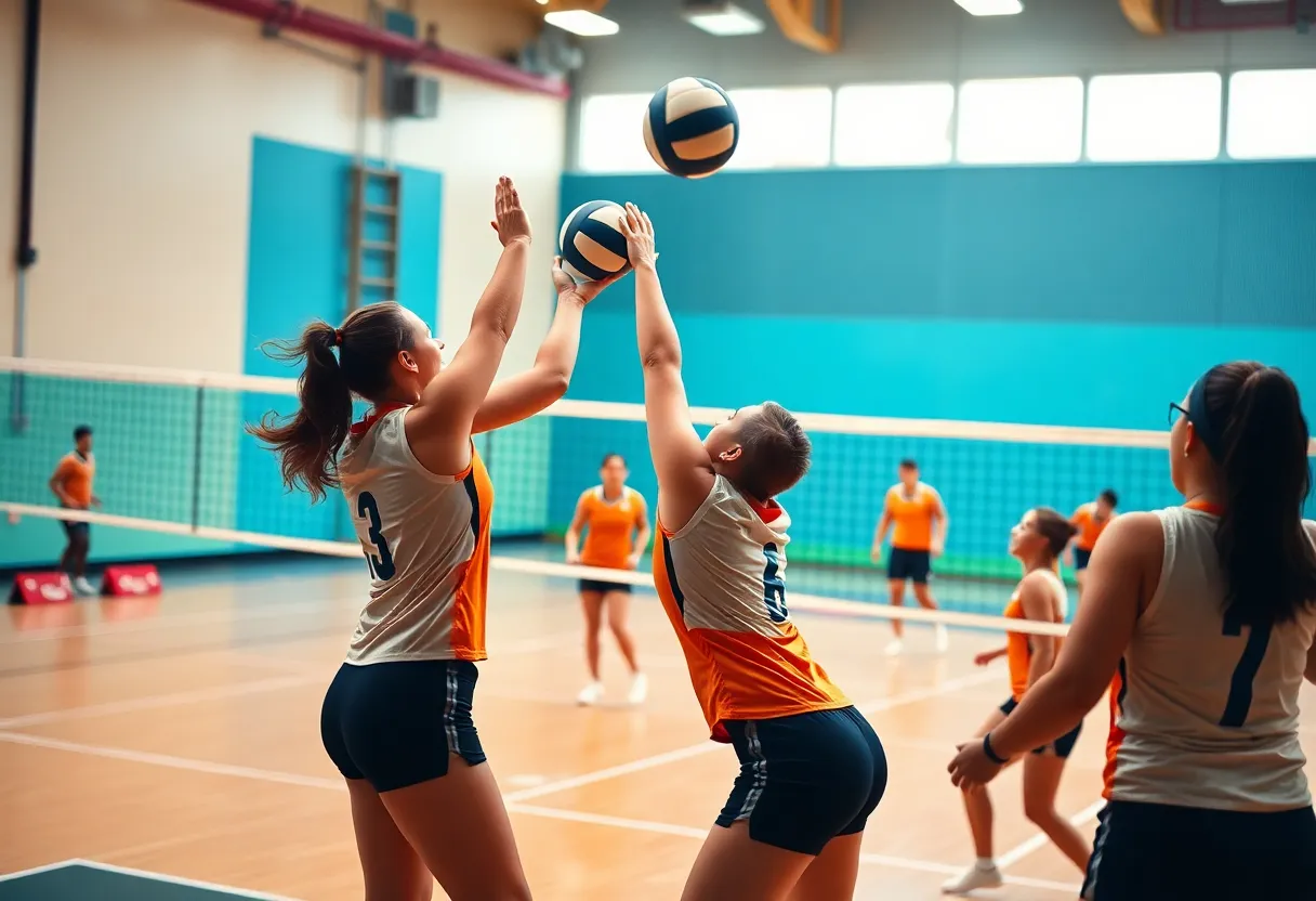 Austin High School volleyball team competing in a match.