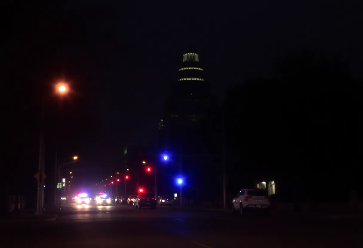 Aerial view of Austin at night with police activity visible