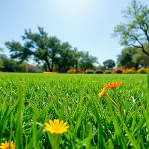 Green lawn flourishing after rainfall in Austin