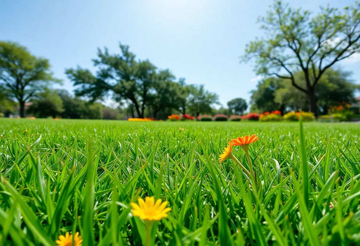 Green lawn flourishing after rainfall in Austin