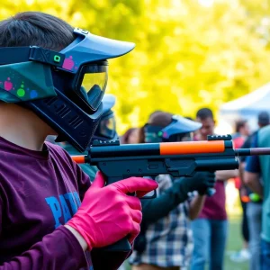 A vibrant scene of a public scavenger hunt with participants using paintball guns.