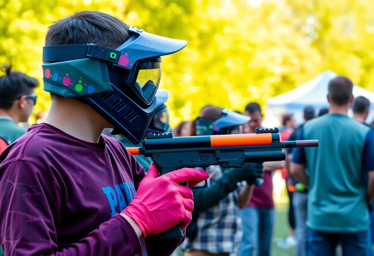 A vibrant scene of a public scavenger hunt with participants using paintball guns.