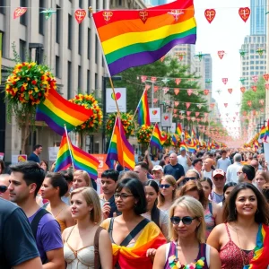 Participants celebrating during the Austin Pride Parade with rainbow flags and colorful outfits.