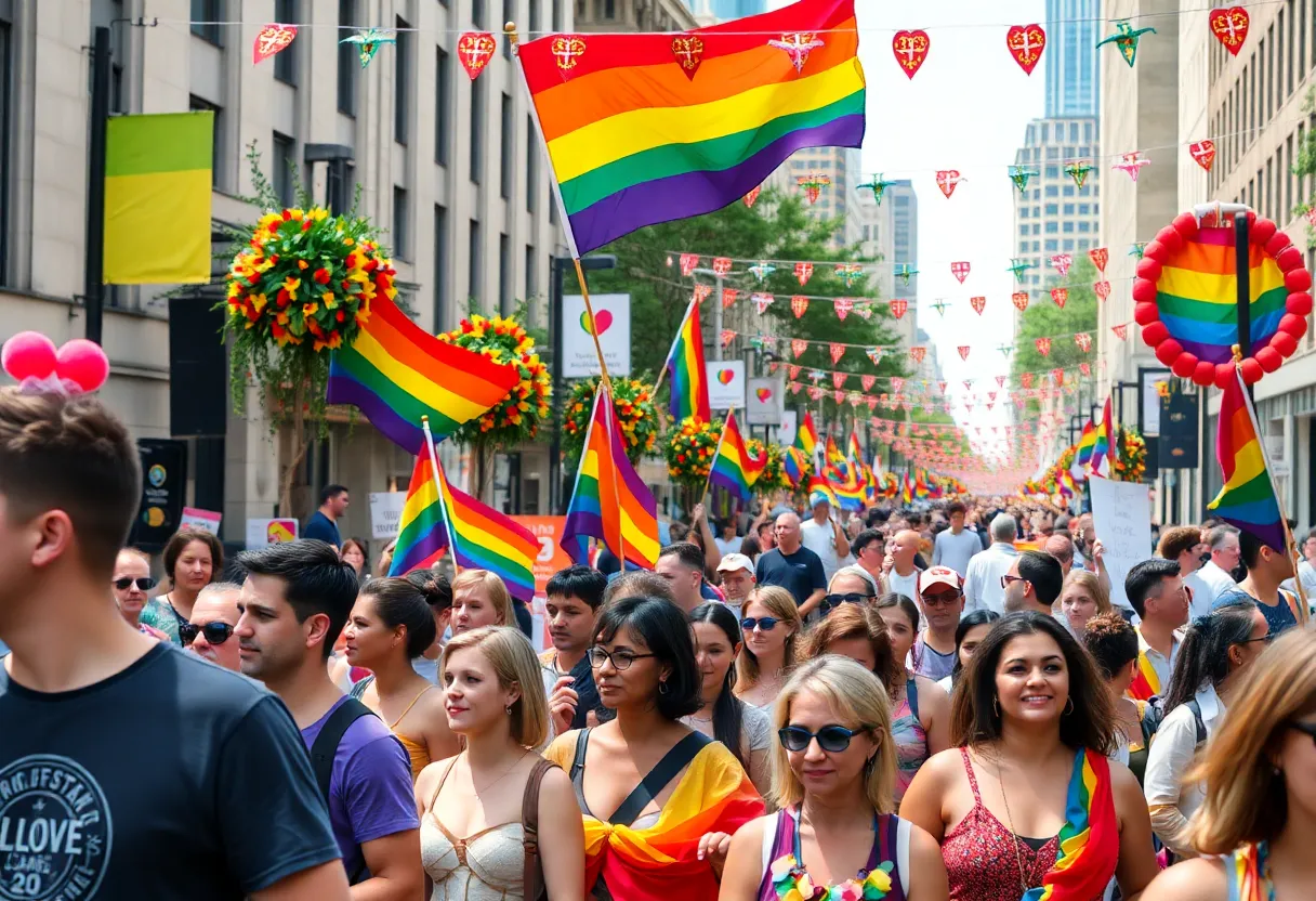 Participants celebrating during the Austin Pride Parade with rainbow flags and colorful outfits.