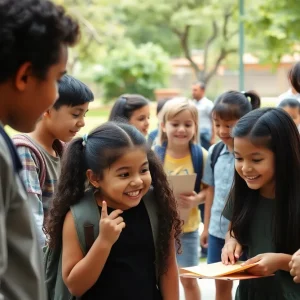 Diverse students engaged in outdoor learning at Austin private school