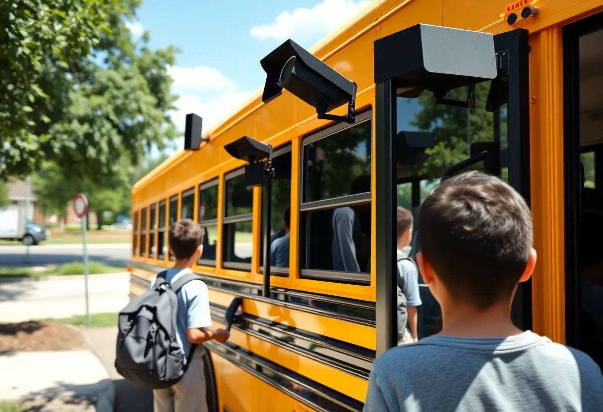 School bus with stop arm cameras for student safety