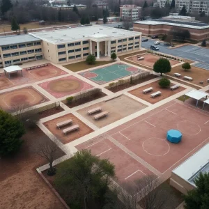 Aerial view of an empty school campus in Austin