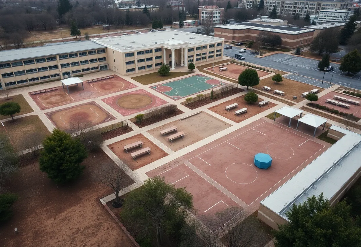 Aerial view of an empty school campus in Austin