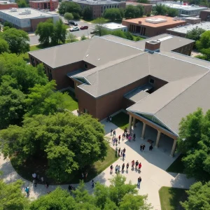 Empty school campus in Austin, Texas with vacant playground.