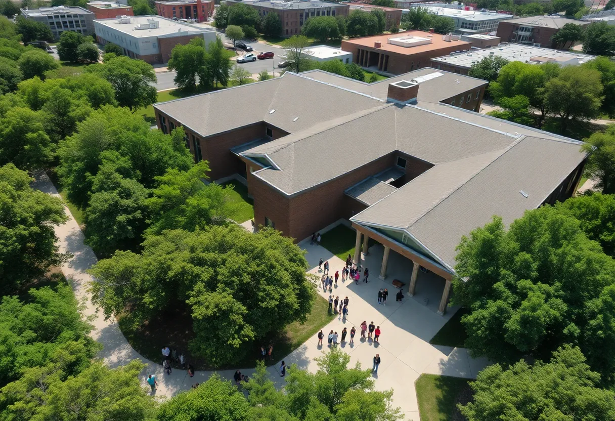 Empty school campus in Austin, Texas with vacant playground.