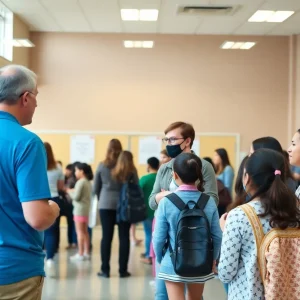 Families attending an open house at a middle school