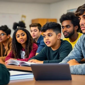 Students collaborating in an Austin classroom, representing educational engagement.