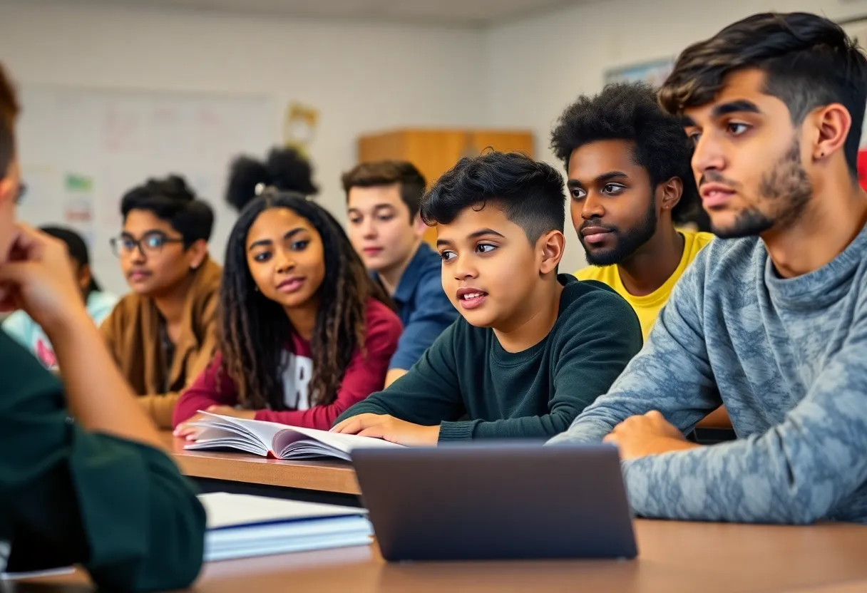 Students collaborating in an Austin classroom, representing educational engagement.
