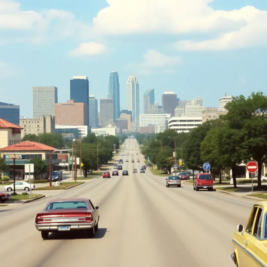 Skyline of Austin, Texas in the 1980s with vintage cars and light traffic.