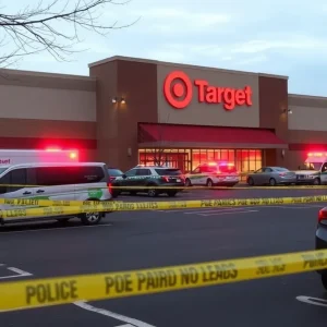Police lights and tape in Target store parking lot after shooting