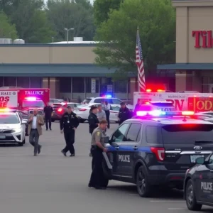 Police and emergency services at the scene of a shooting outside a retail store
