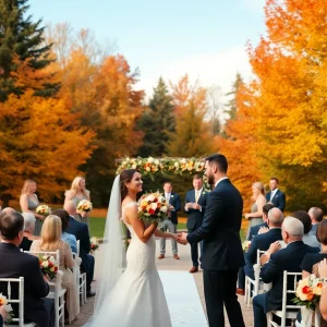 Couples celebrating their love during an autumn wedding ceremony surrounded by colorful fall leaves.