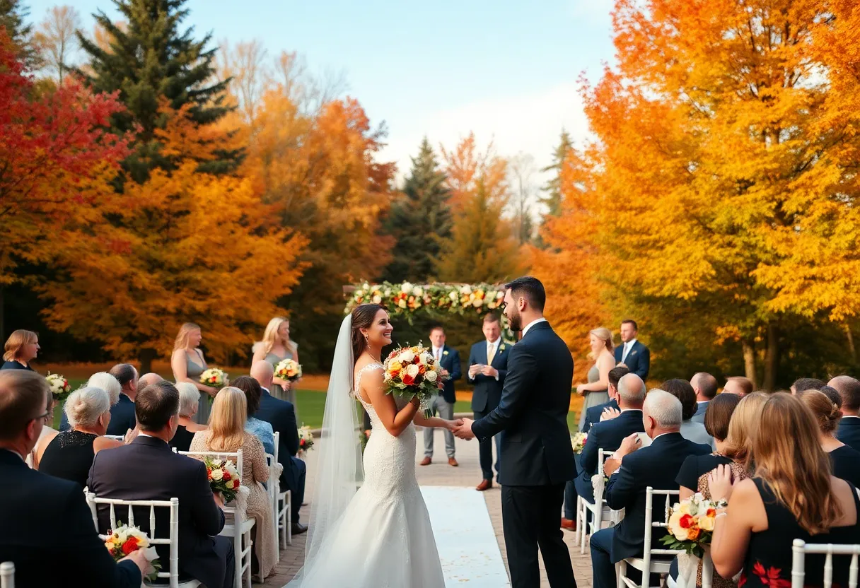 Couples celebrating their love during an autumn wedding ceremony surrounded by colorful fall leaves.