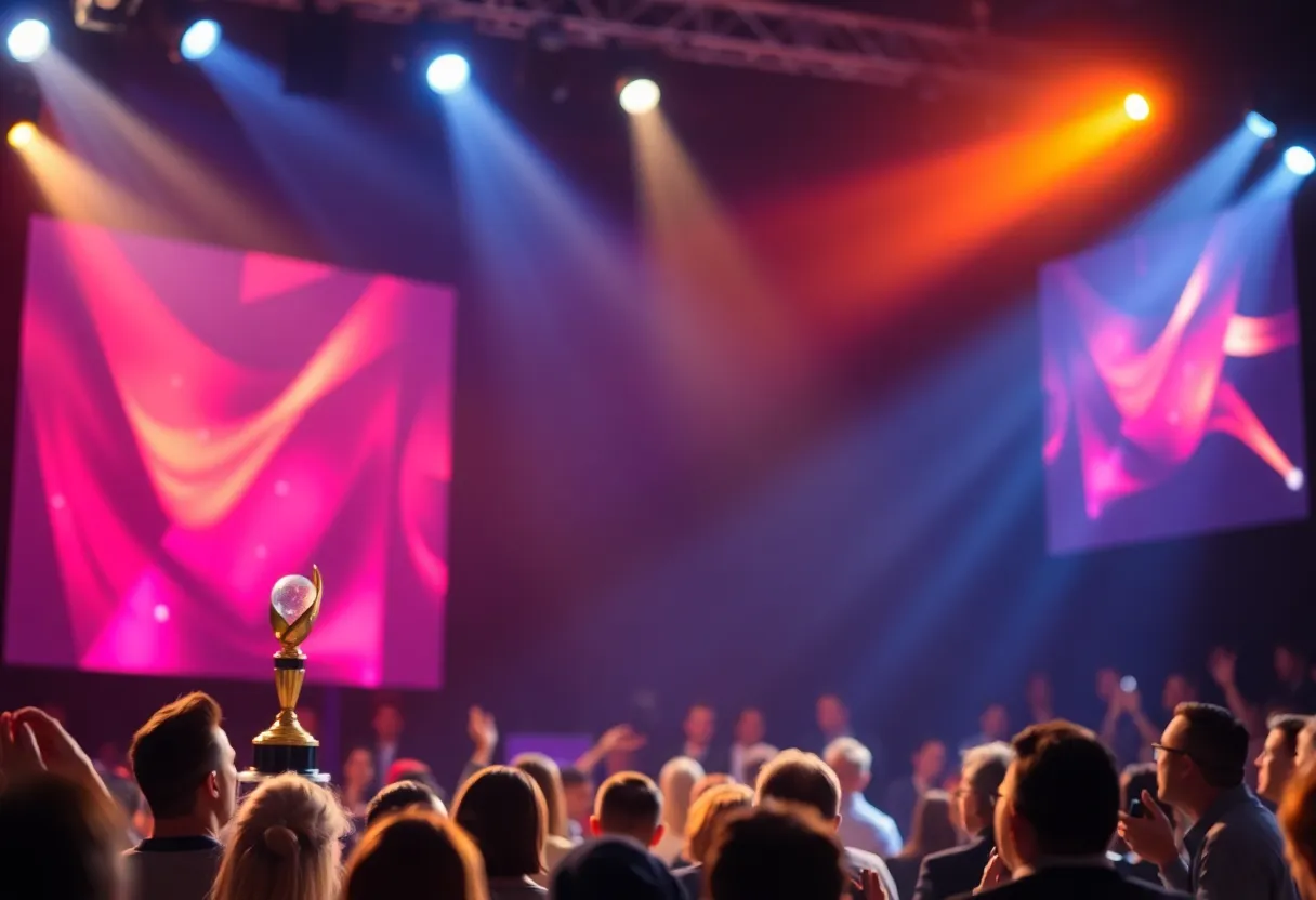 Award ceremony celebrating TV Broadcaster of the Year with audience and stage