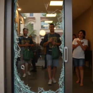 Broken glass door at Amy's Ice Cream in Austin