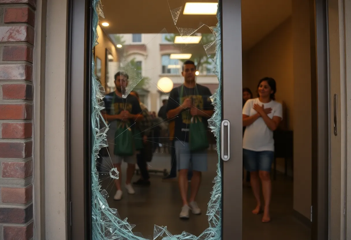 Broken glass door at Amy's Ice Cream in Austin