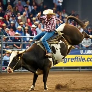 Bull rider competes during Gambler Days Weekend rodeo in Austin.