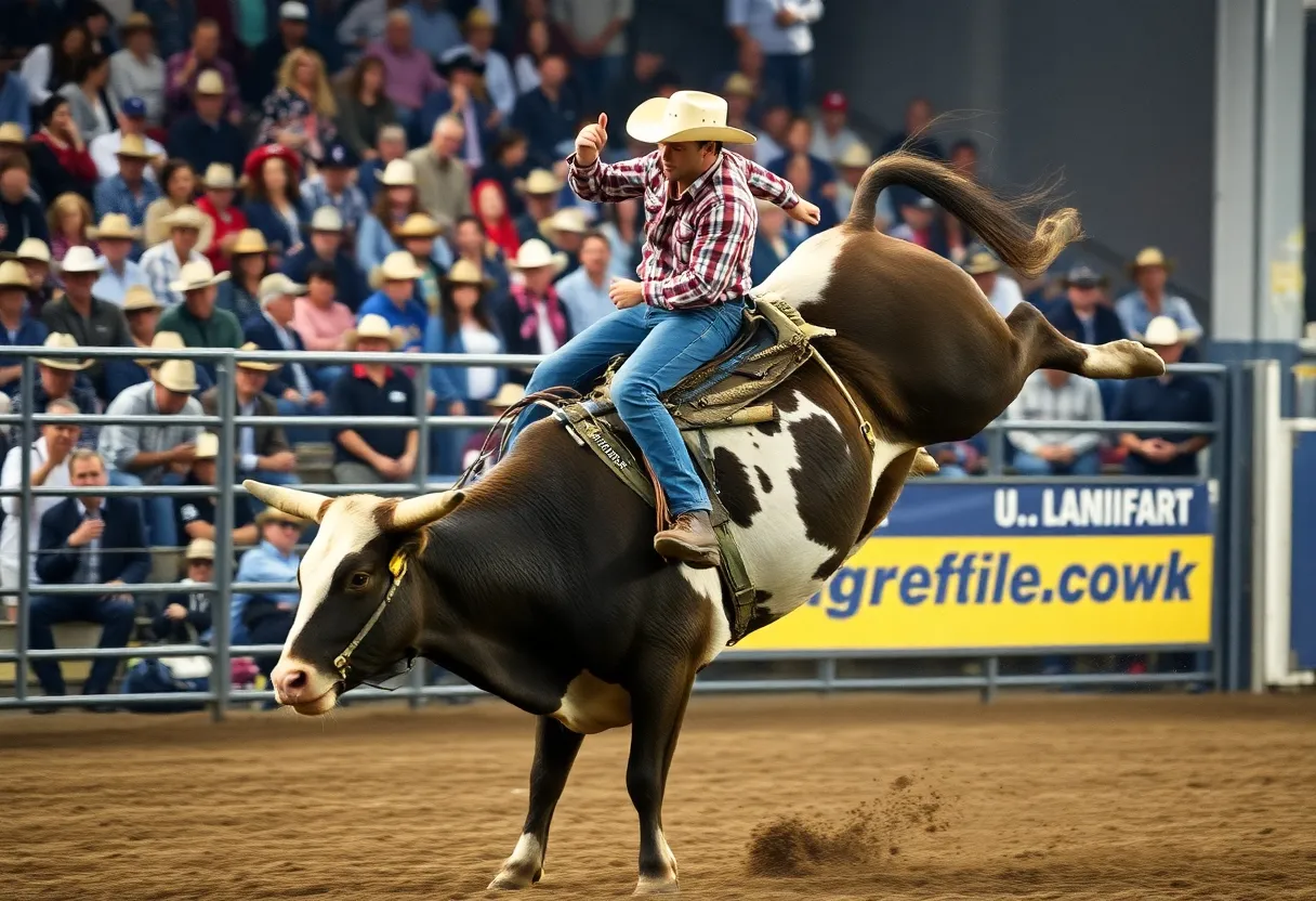 Bull rider competes during Gambler Days Weekend rodeo in Austin.