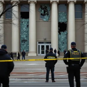 Police and damaged building at CDC headquarters after shooting incident