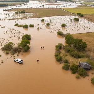 Emergency responders search for missing individuals in flooded areas of Central Texas.