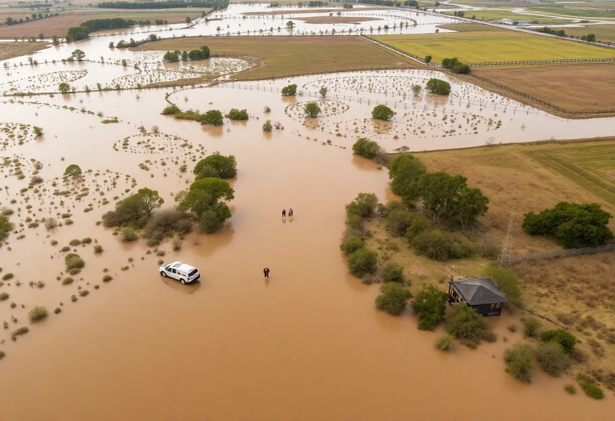 Emergency responders search for missing individuals in flooded areas of Central Texas.
