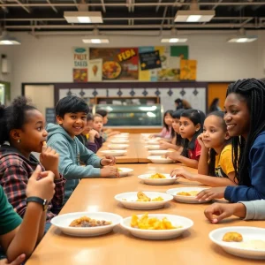 Diverse students enjoying free meals in a school cafeteria