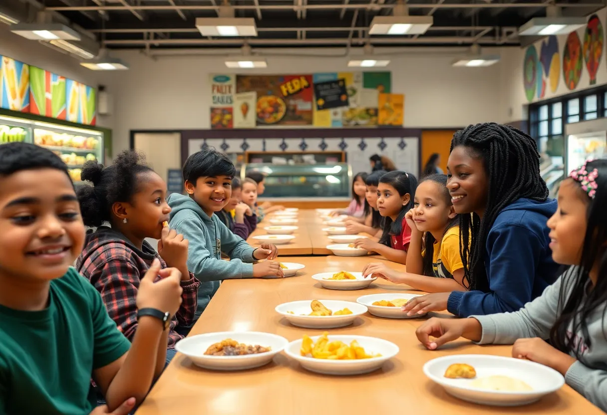 Diverse students enjoying free meals in a school cafeteria