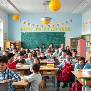 Students and teachers in a classroom ready for the new academic year