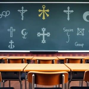 Empty classroom with various religious symbols reflecting the debate on public education and religion.