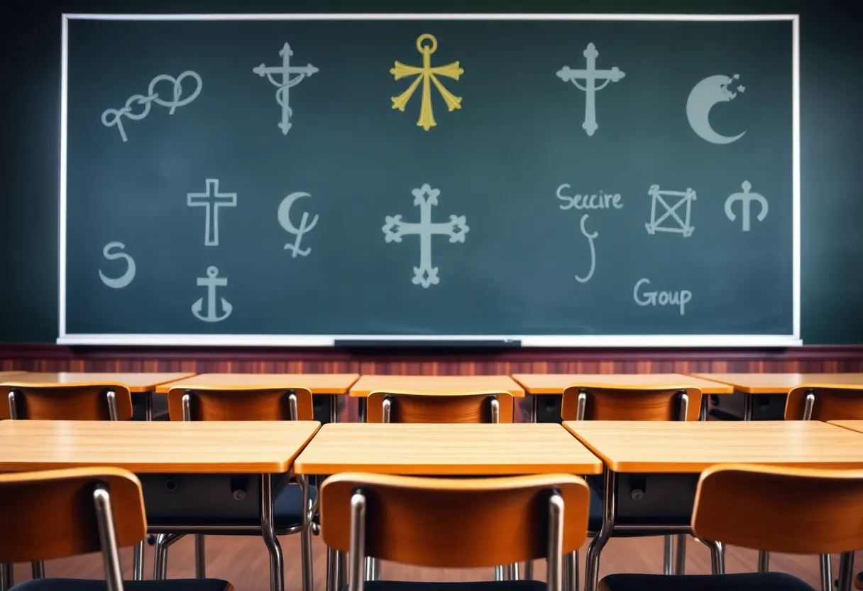 Empty classroom with various religious symbols reflecting the debate on public education and religion.