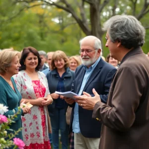 Community members gathering in nature to celebrate a legacy.