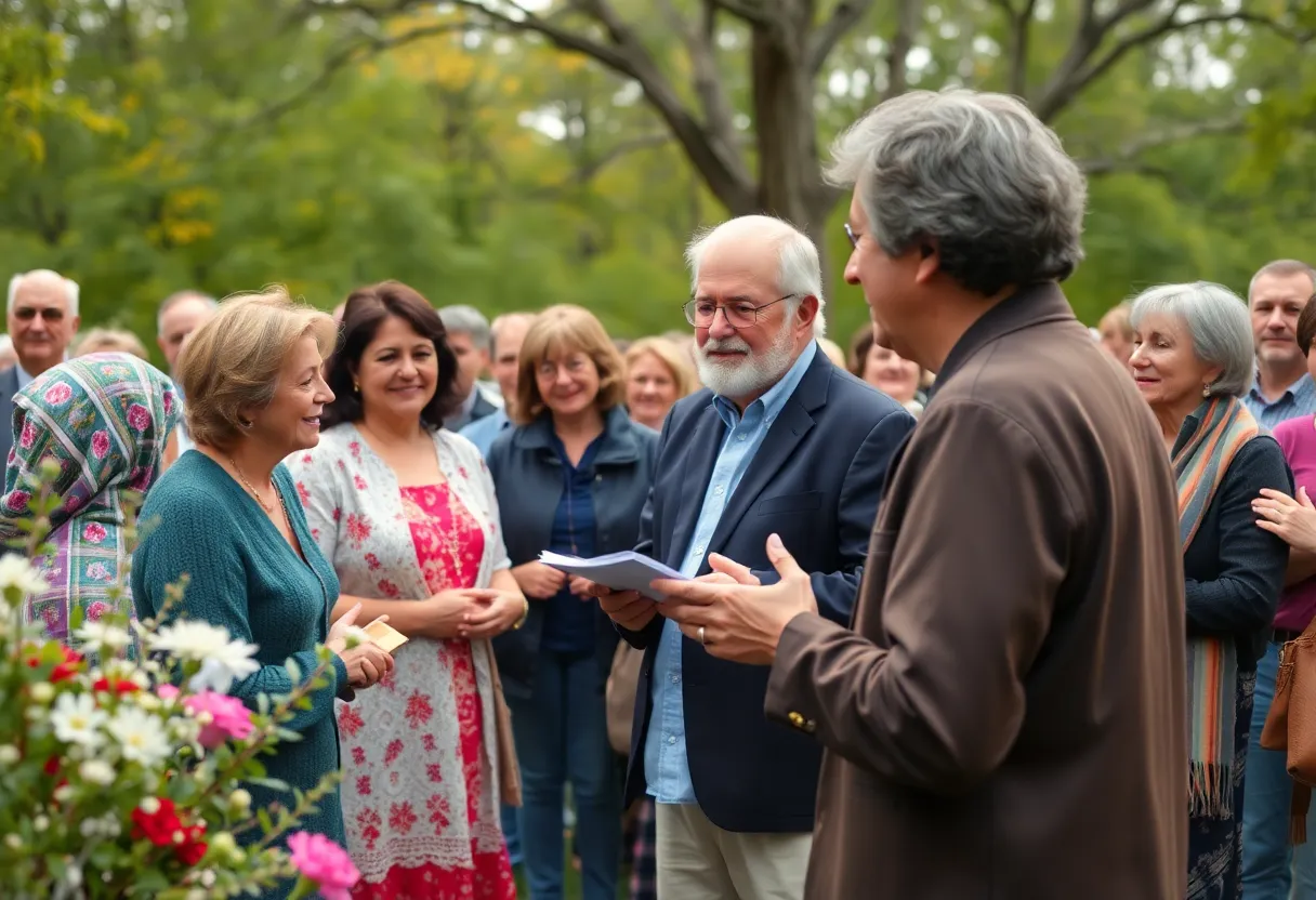 Community members gathering in nature to celebrate a legacy.