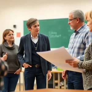 Parents and school staff in a meeting discussing AISD school consolidation plans