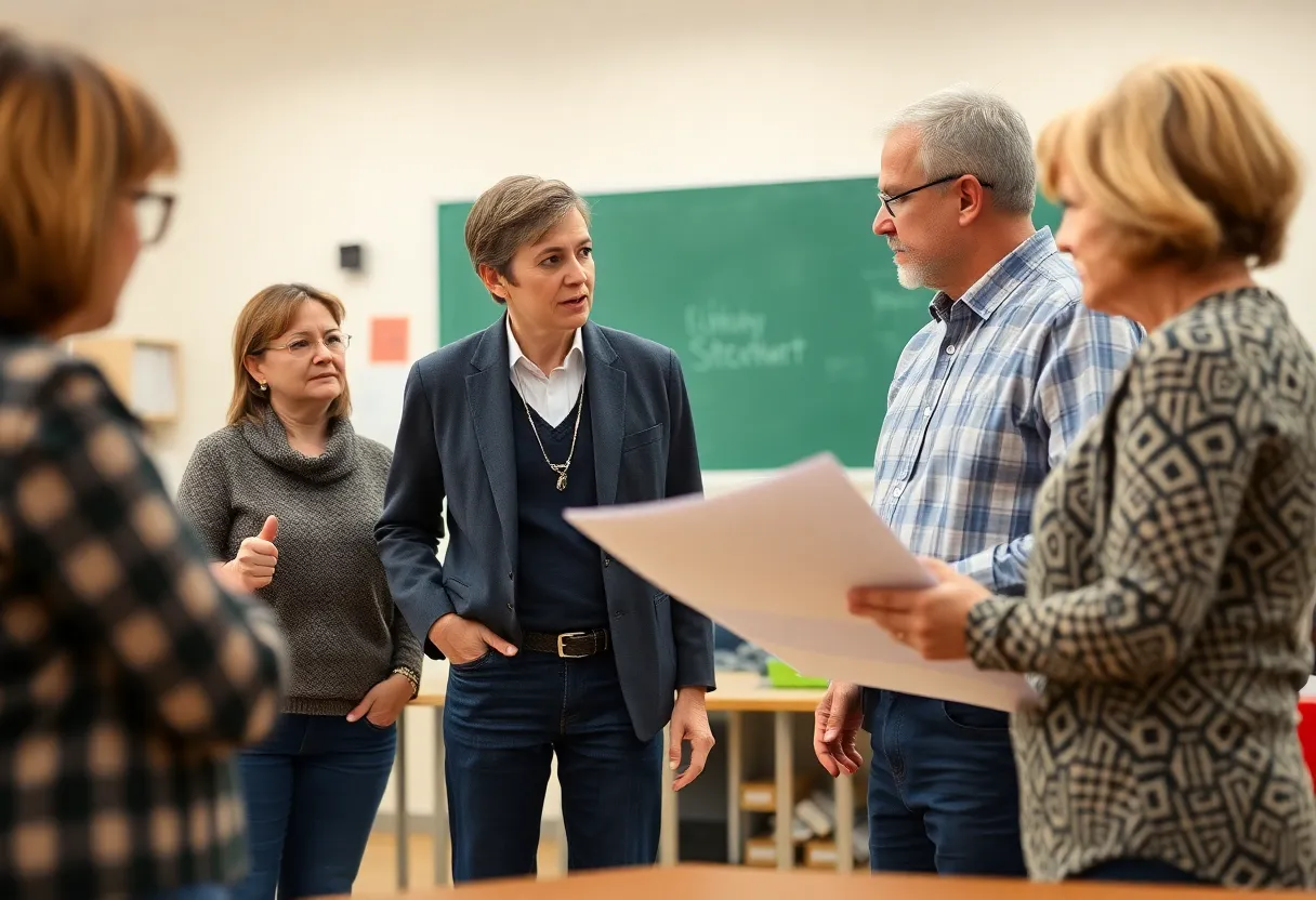 Parents and school staff in a meeting discussing AISD school consolidation plans