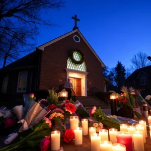Vigil outside Annunciation Catholic Church with candles and flowers