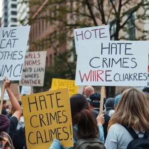 A diverse group of people rallying against hate crimes in Austin