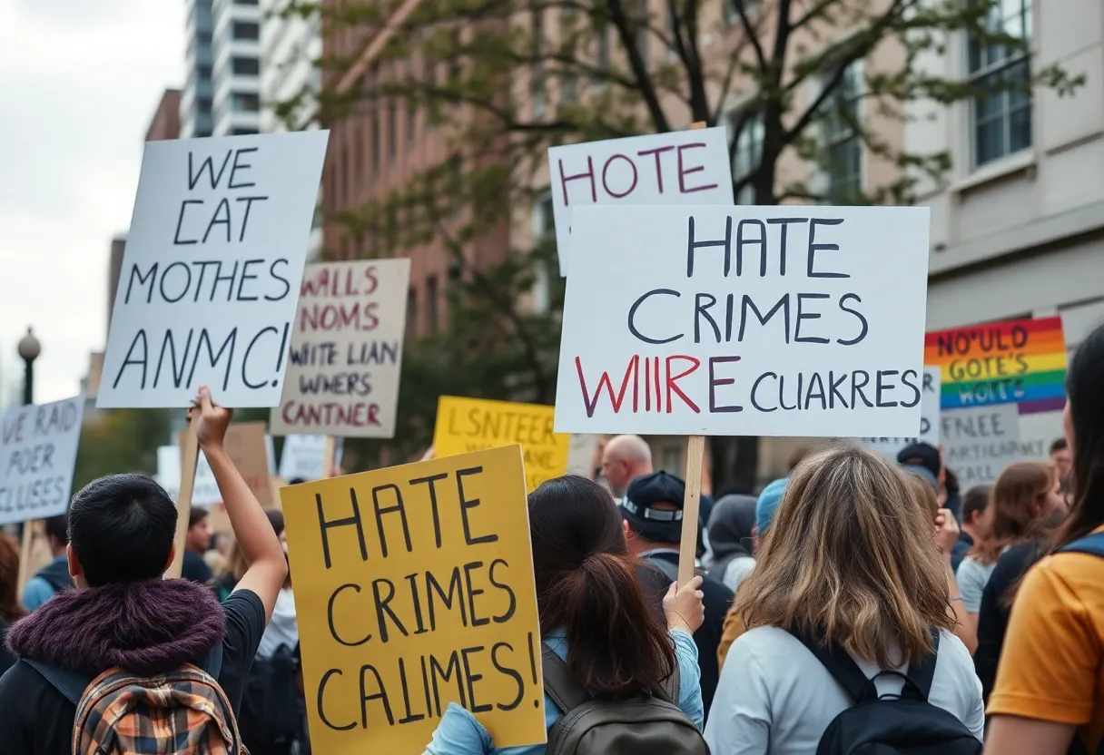 A diverse group of people rallying against hate crimes in Austin