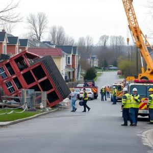 Emergency responders at a construction site with a tipped crane