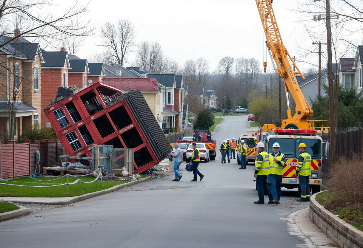 Emergency responders at a construction site with a tipped crane