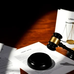 A courtroom with gavel and legal symbols representing justice