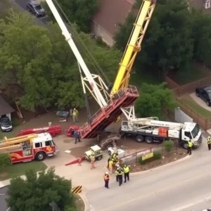A crane tipped over at a construction site in Austin with emergency responders present.