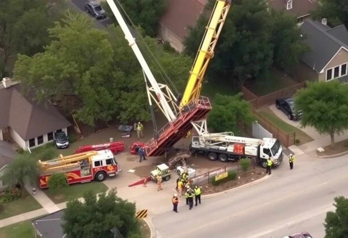 A crane tipped over at a construction site in Austin with emergency responders present.