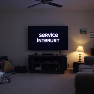 Empty living room with a TV showing a service interrupt message