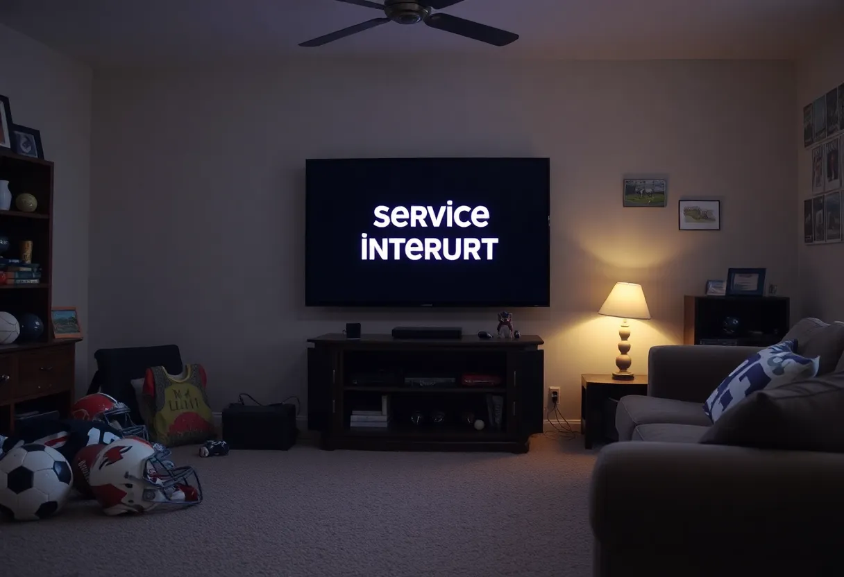 Empty living room with a TV showing a service interrupt message