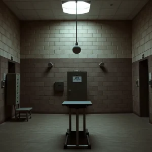 Interior of a prison execution chamber with dim lighting.